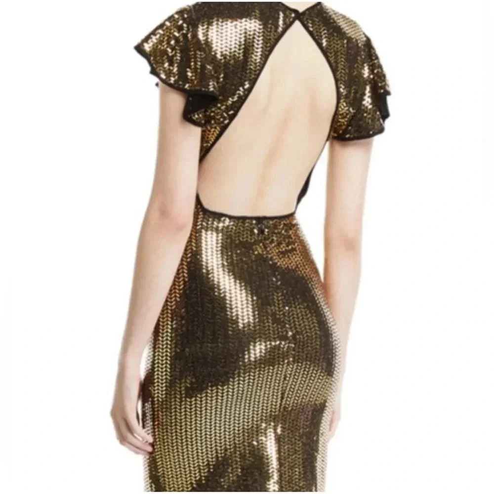 Naeem Khan Flutter Cap Sleeve Open Back Gold Sequ… - image 2